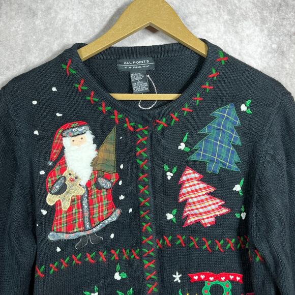 All Points By Reference Point Christmas Cardigan Sweater Womens Large Black Knit - Picture 2 of 8